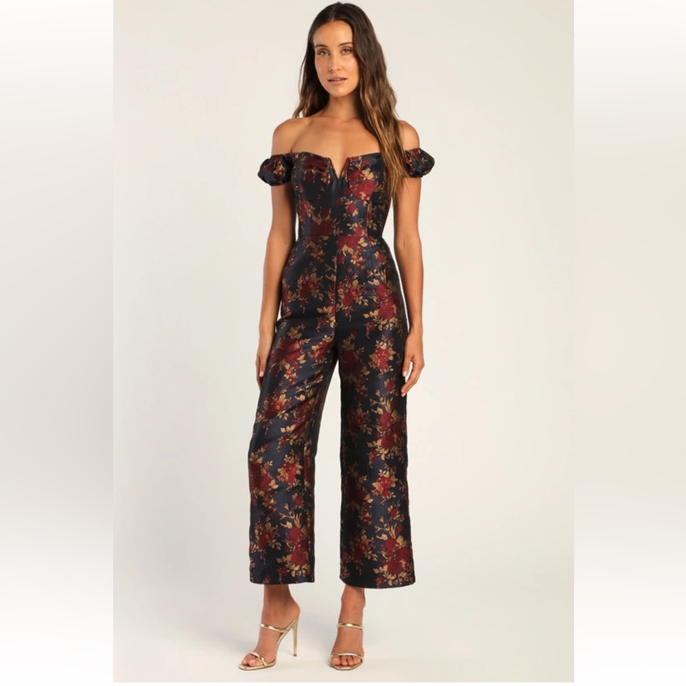 Lulu’s Glam Midnight Blue Floral Jacquard Off-the-Shoulder Jumpsuit